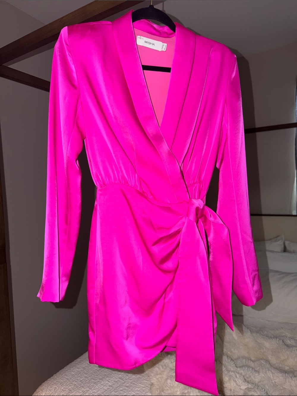 Mishka Vibrant Hot Pink Satin Wrap Dress with Side Tie